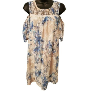 Lilly Rose NWOT‎ Cold Shoulder Short Sleeve Cream/Blue Lace Dress Lined Size XL